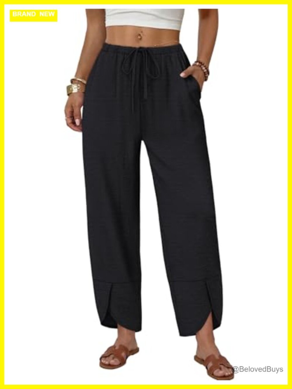 Wide Leg Palazzo Capri Pants with Pockets Drawstring Elastic Waist Cropped